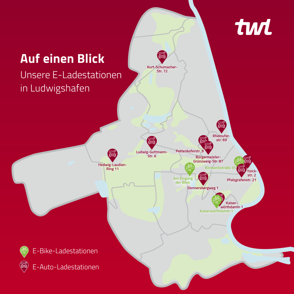 Ladekarte der TWL-Ladestationen in Ludwigshafen (Bildnachweis: TWL AG).
